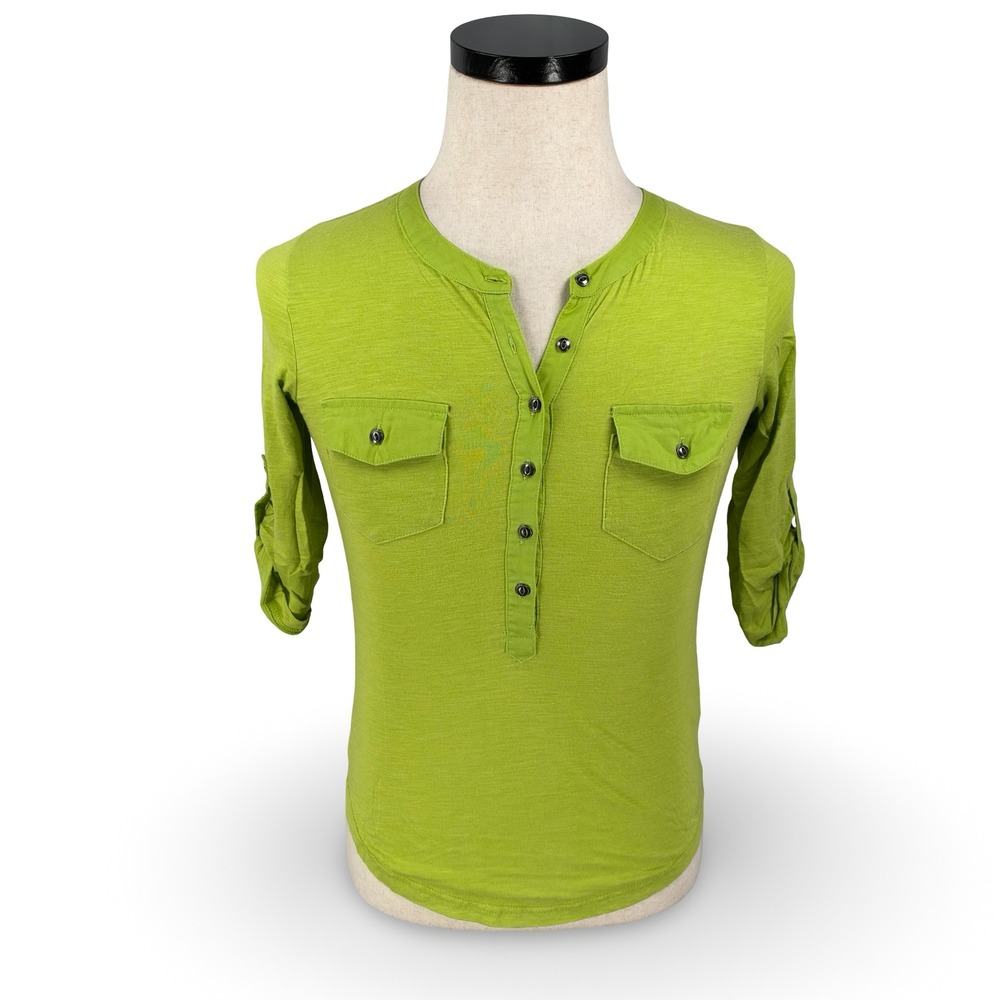 Kuhl Womens XS Green Organic Cotton Tencel Henley Roll Tab Sleeve Top